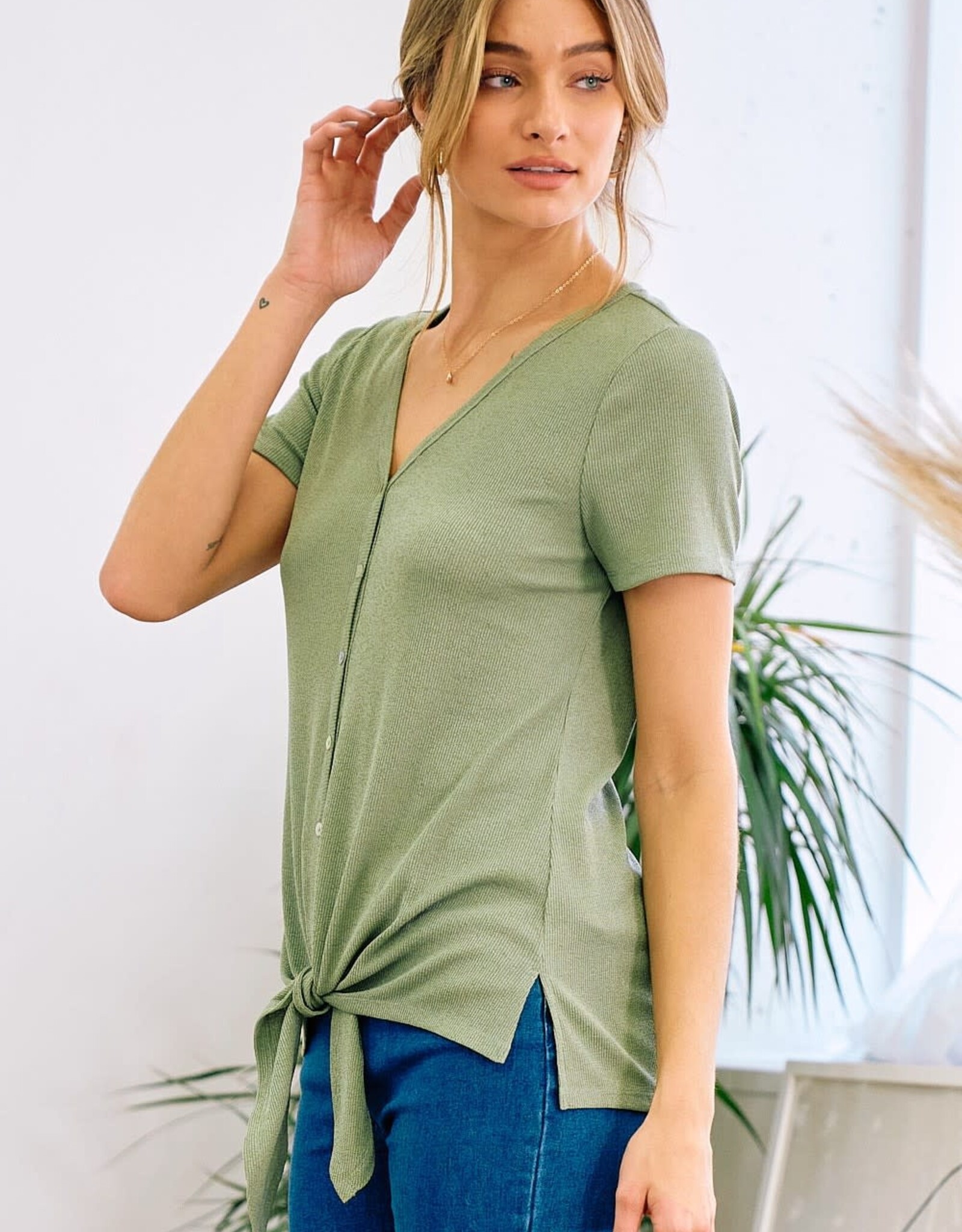 Miss Bliss D&R Front Tie Short Sleeve Button Top-Olive