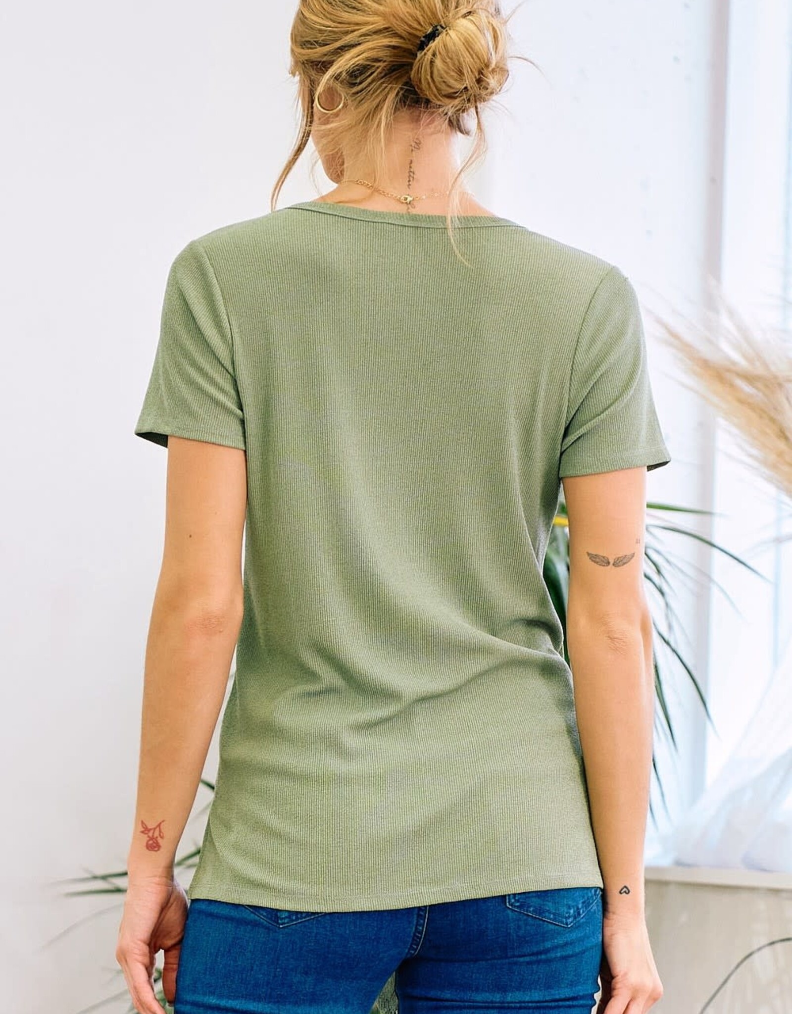 Miss Bliss D&R Front Tie Short Sleeve Button Top-Olive