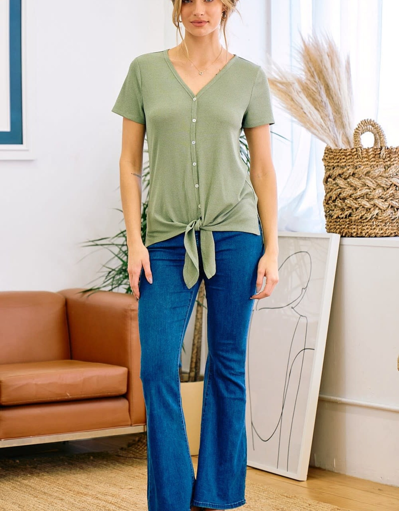 Miss Bliss D&R Front Tie Short Sleeve Button Top-Olive