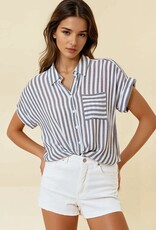 Miss Bliss D&R Striped SS Button Up Shirt With Rolled Cuffs-B&W