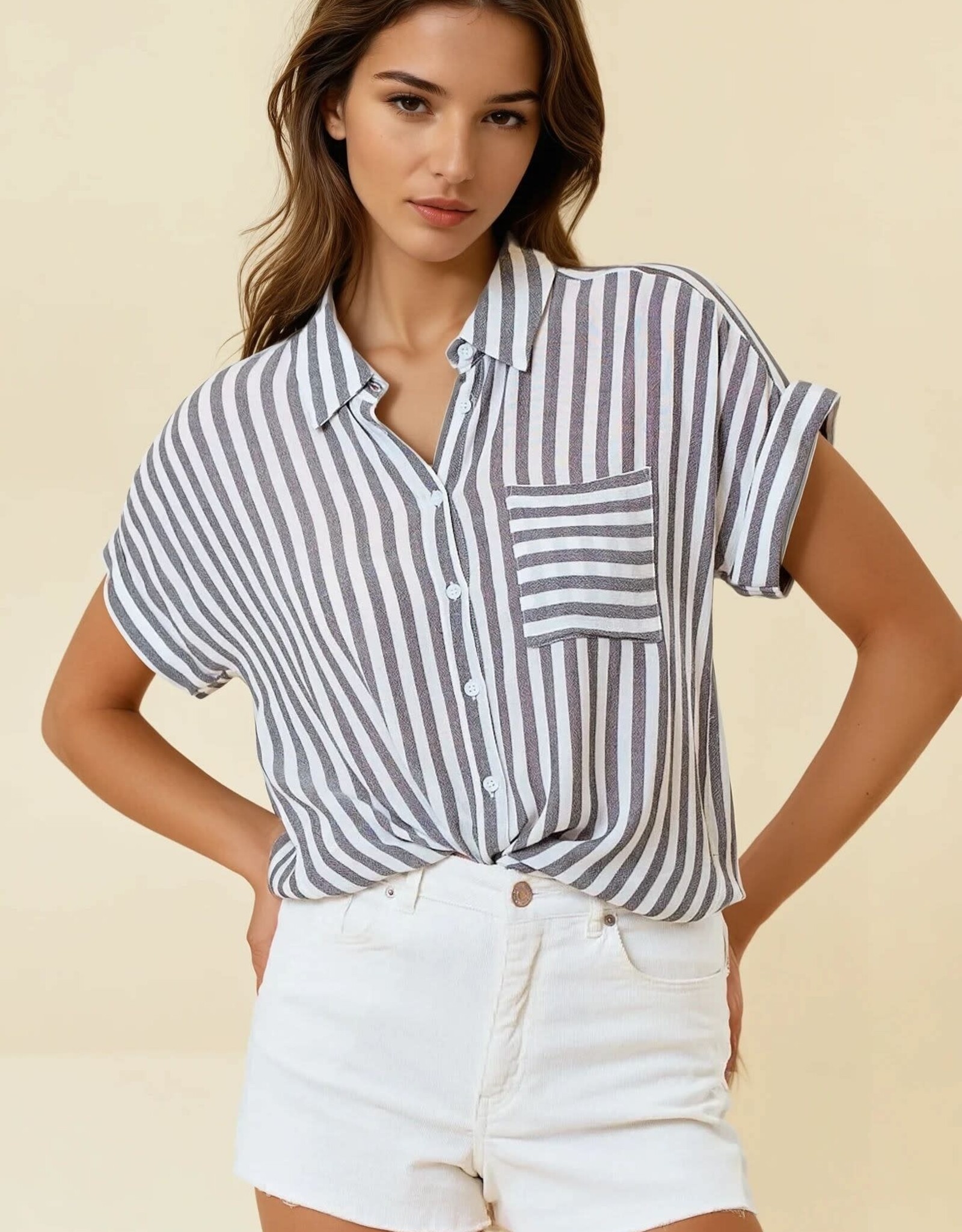 Miss Bliss D&R Striped SS Button Up Shirt With Rolled Cuffs-B&W