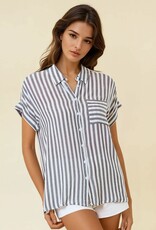 Miss Bliss D&R Striped SS Button Up Shirt With Rolled Cuffs-B&W