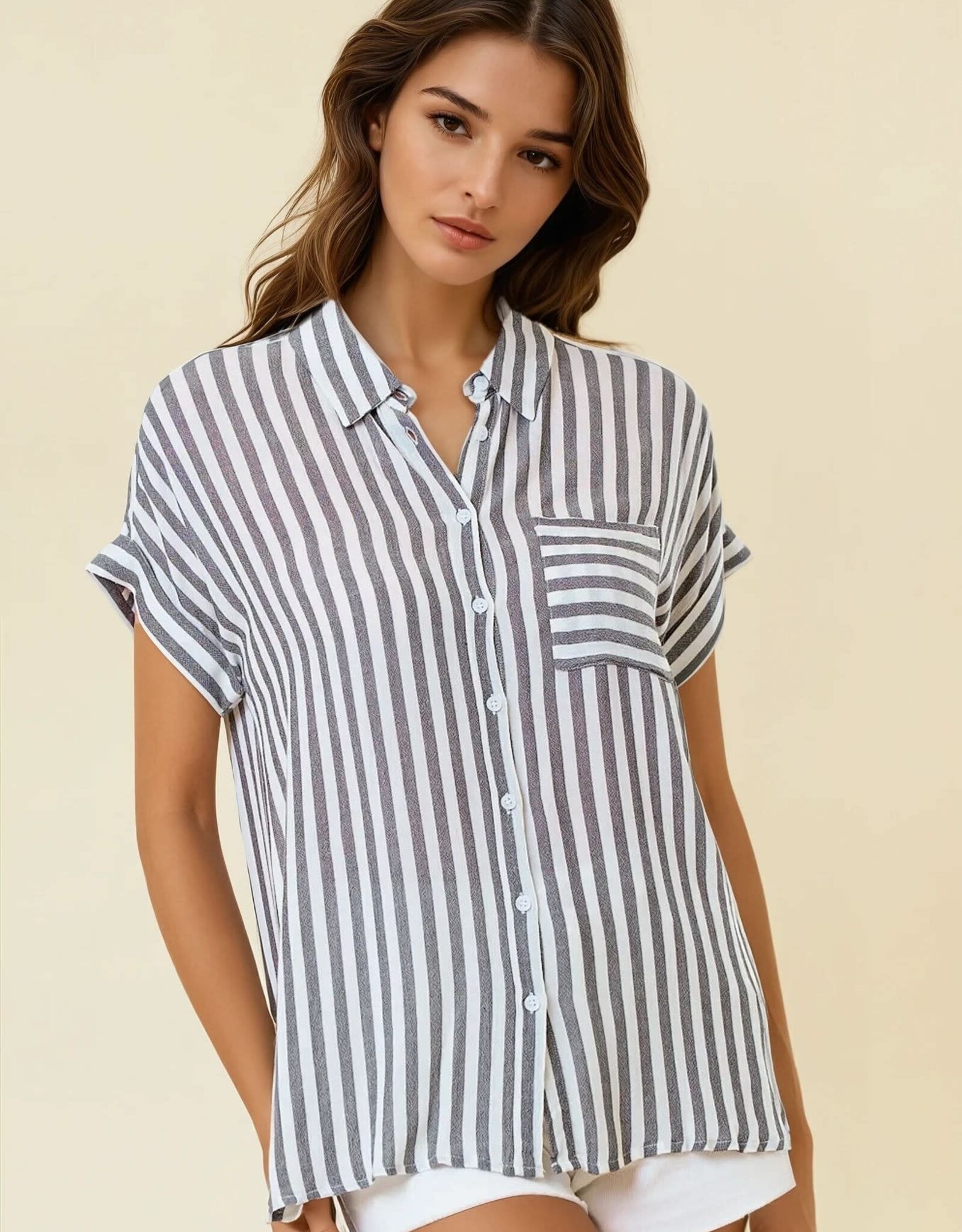 Miss Bliss D&R Striped SS Button Up Shirt With Rolled Cuffs-B&W