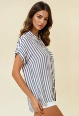 Miss Bliss D&R Striped SS Button Up Shirt With Rolled Cuffs-B&W
