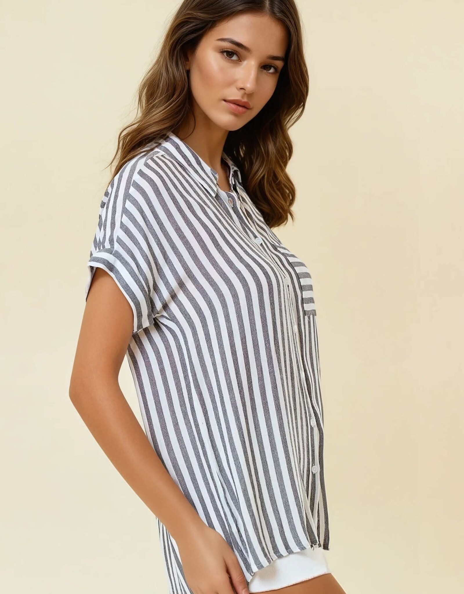 Miss Bliss D&R Striped SS Button Up Shirt With Rolled Cuffs-B&W
