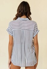 Miss Bliss D&R Striped SS Button Up Shirt With Rolled Cuffs-B&W