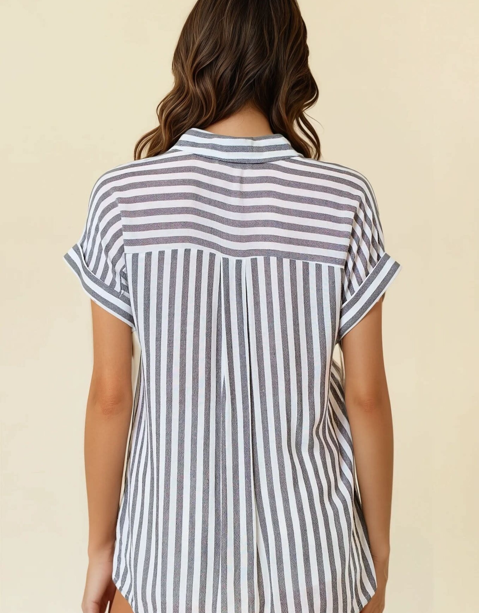 Miss Bliss D&R Striped SS Button Up Shirt With Rolled Cuffs-B&W