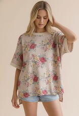 Miss Bliss Hap Short Sleeve Oversized Loose Fit Floral Knit Top- OATMEAL