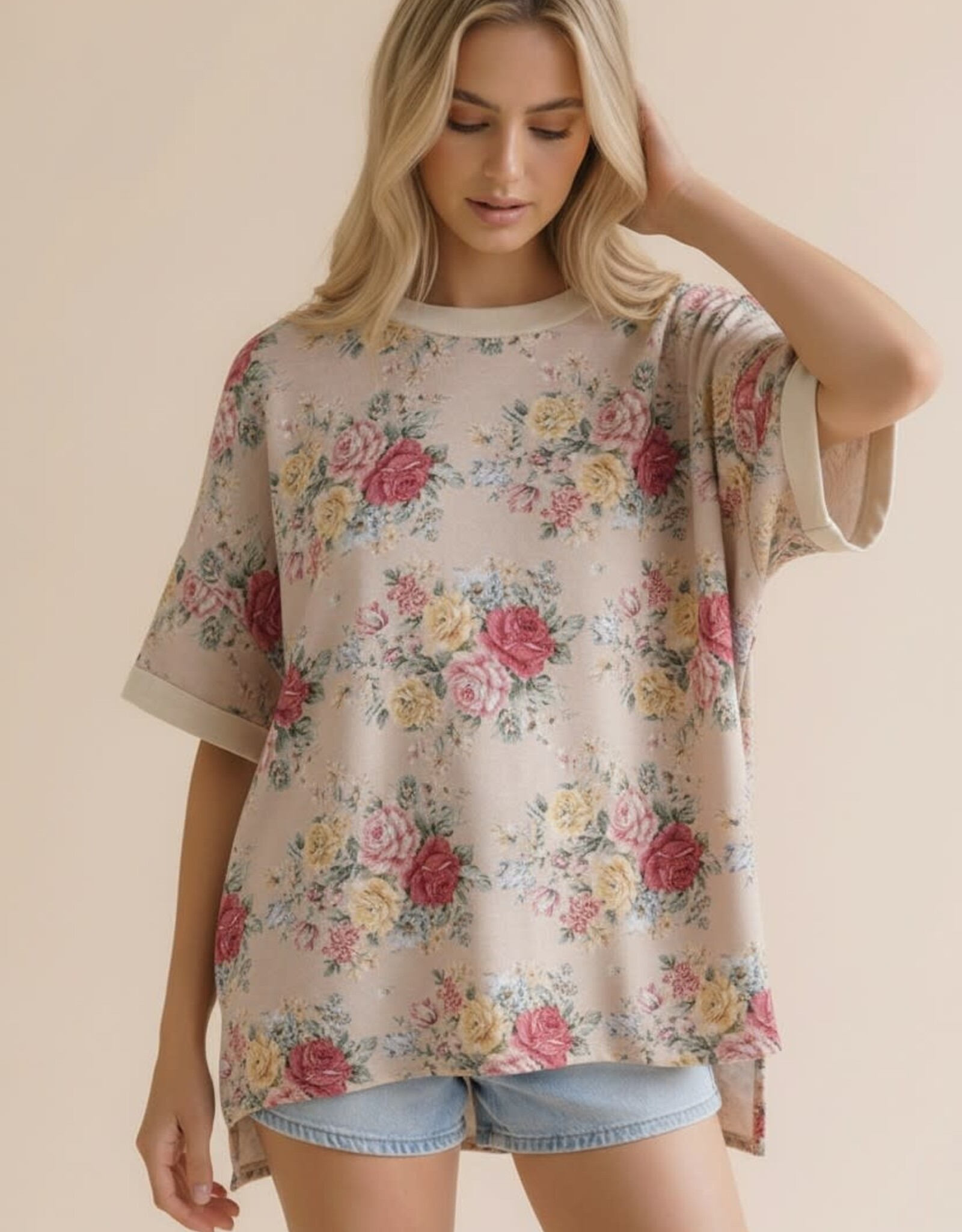 Miss Bliss Hap Short Sleeve Oversized Loose Fit Floral Knit Top- OATMEAL