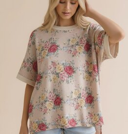 Miss Bliss Hap Short Sleeve Oversized Loose Fit Floral Knit Top- OATMEAL
