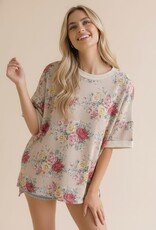 Miss Bliss Hap Short Sleeve Oversized Loose Fit Floral Knit Top- OATMEAL