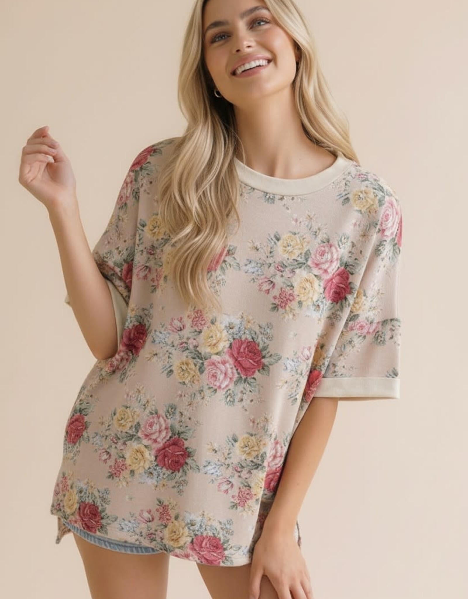 Miss Bliss Hap Short Sleeve Oversized Loose Fit Floral Knit Top- OATMEAL