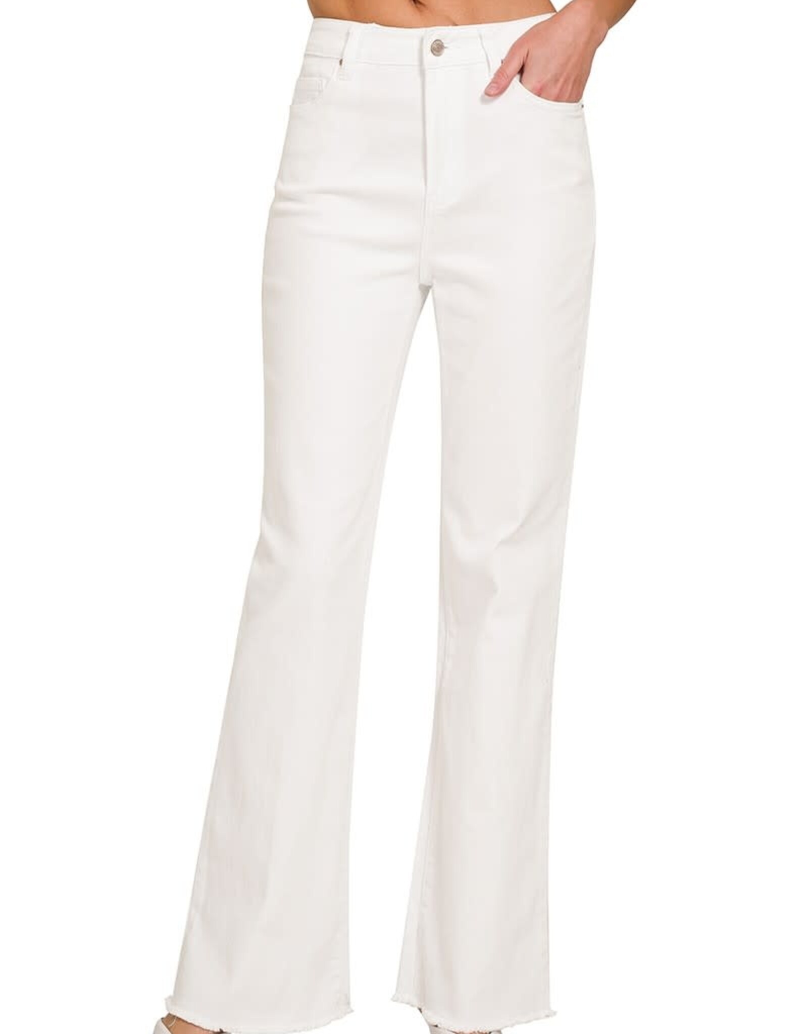 Miss Bliss Zen Washed Frayed Cutoff Hem Straight Wide Pants-White