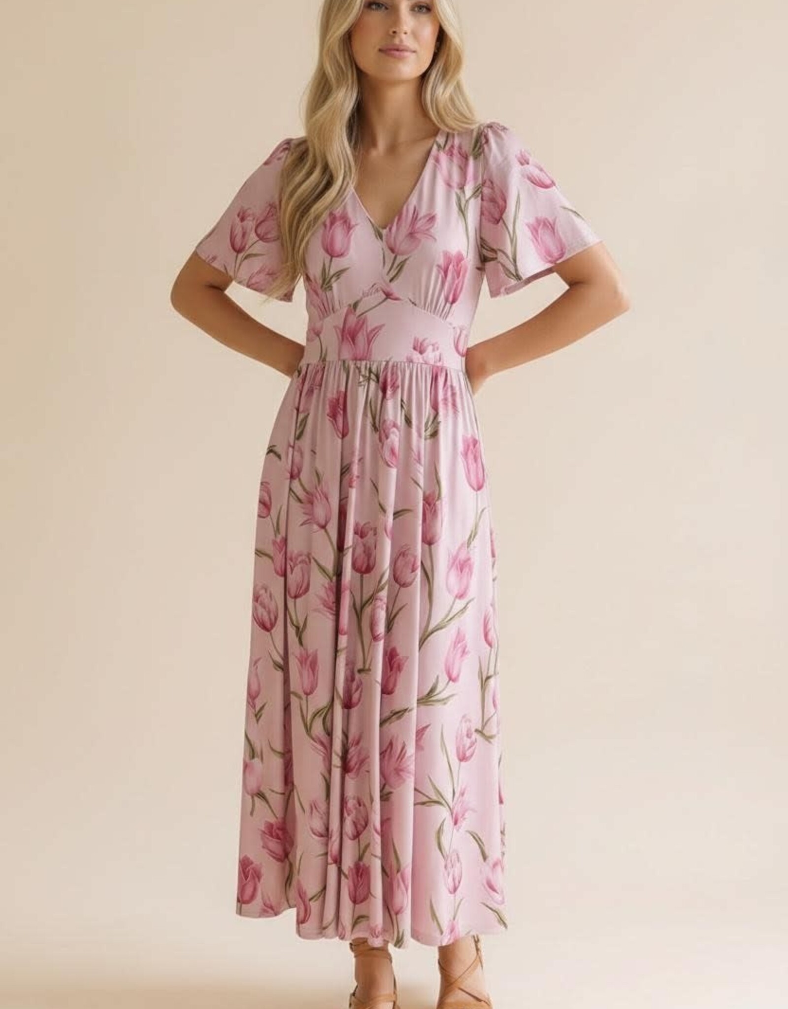 Miss Bliss HAP Flutter SS Fit And Flare Tulip Dress-Pink