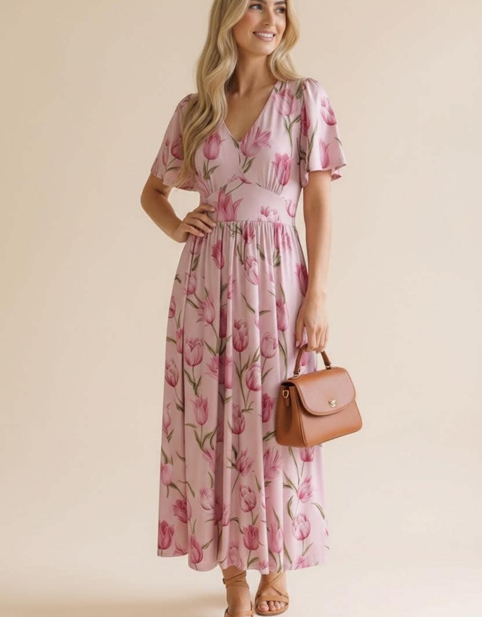 Miss Bliss HAP Flutter SS Fit And Flare Tulip Dress-Pink
