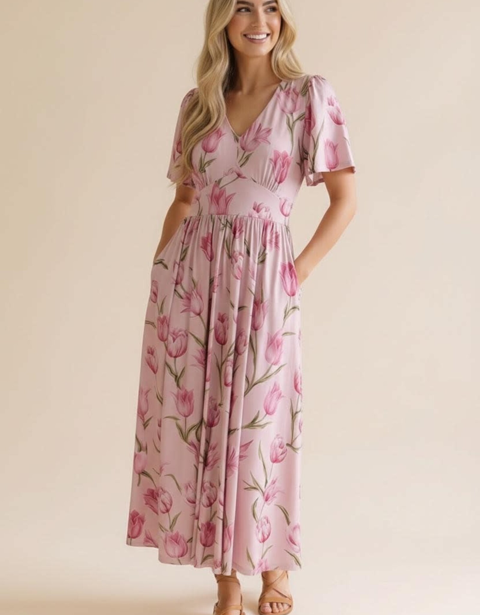 Miss Bliss HAP Flutter SS Fit And Flare Tulip Dress-Pink