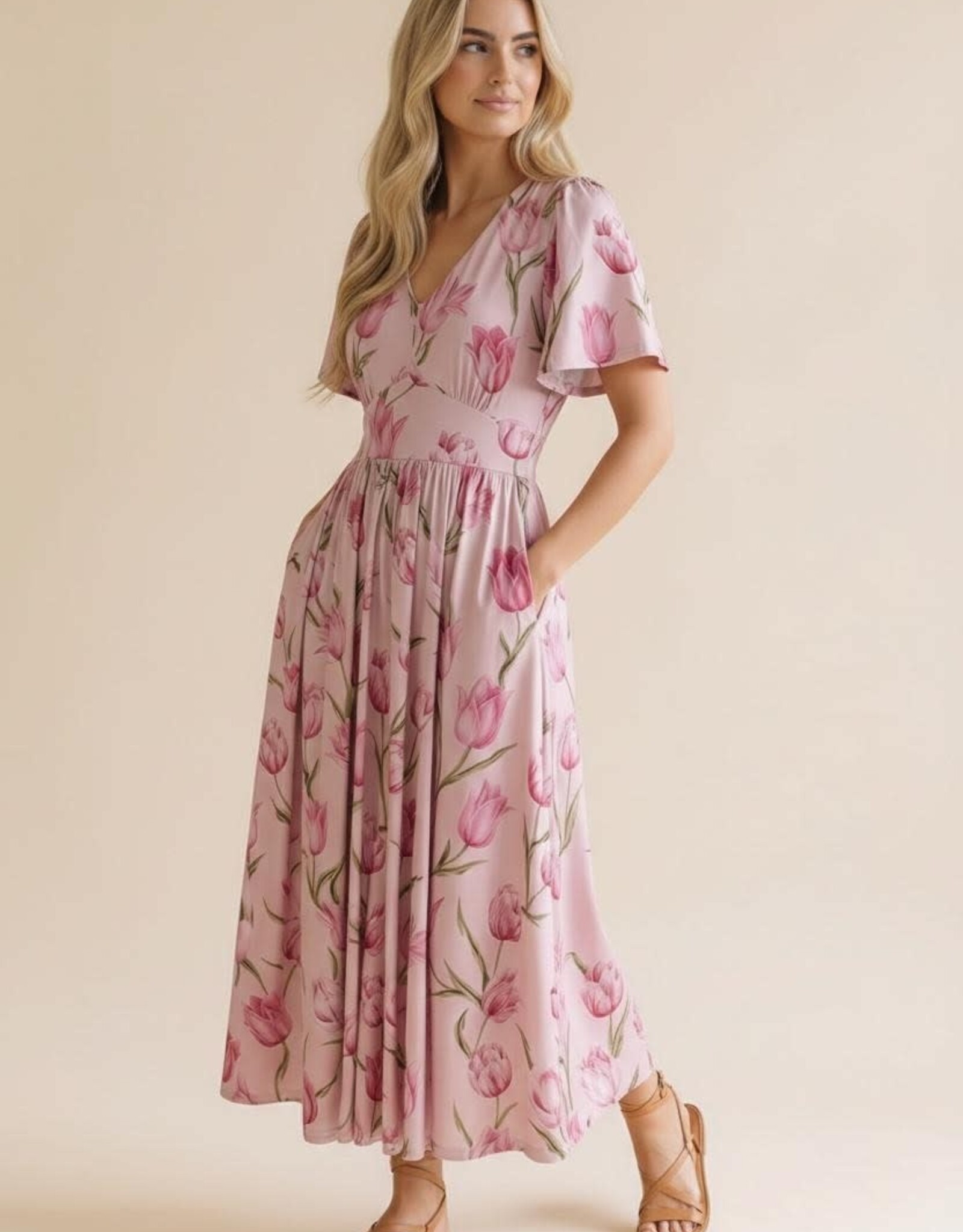 Miss Bliss HAP Flutter SS Fit And Flare Tulip Dress-Pink