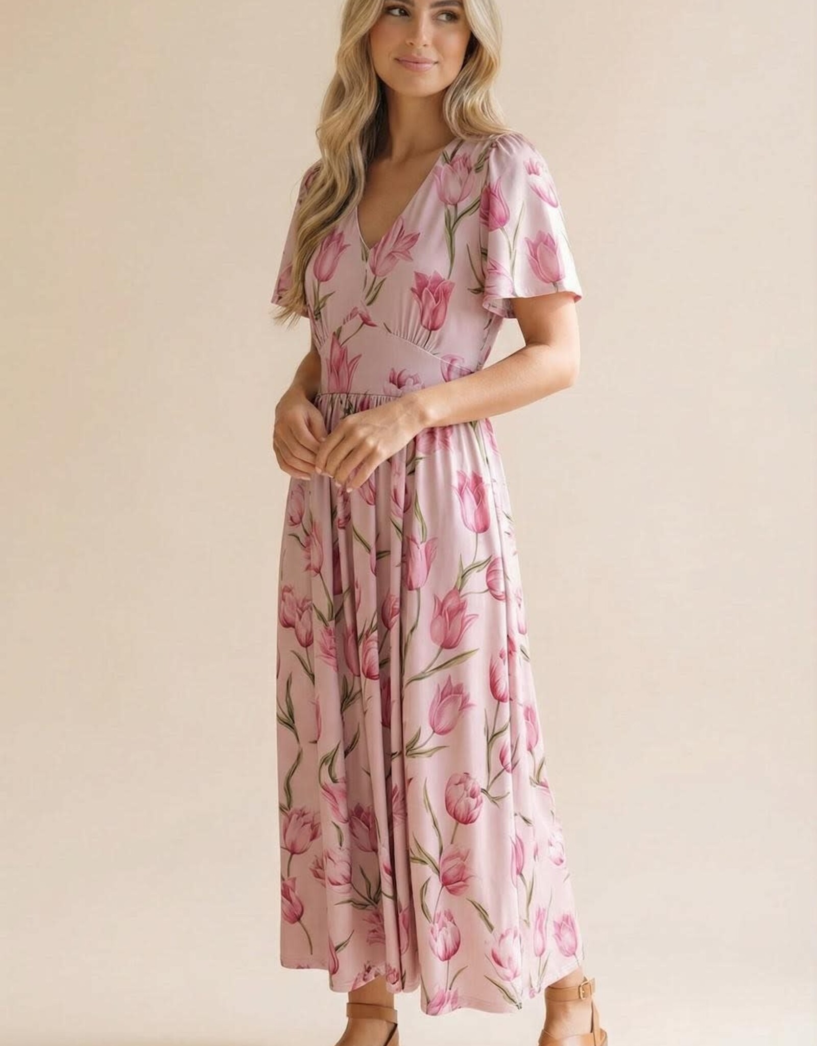 Miss Bliss HAP Flutter SS Fit And Flare Tulip Dress-Pink