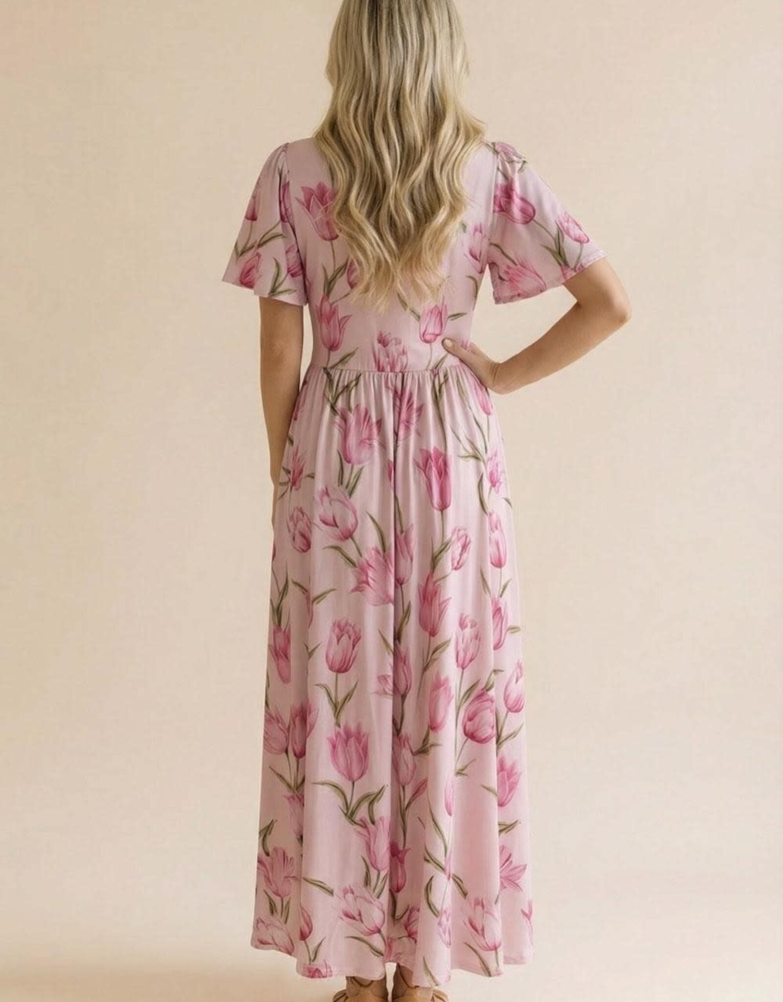 Miss Bliss HAP Flutter SS Fit And Flare Tulip Dress-Pink
