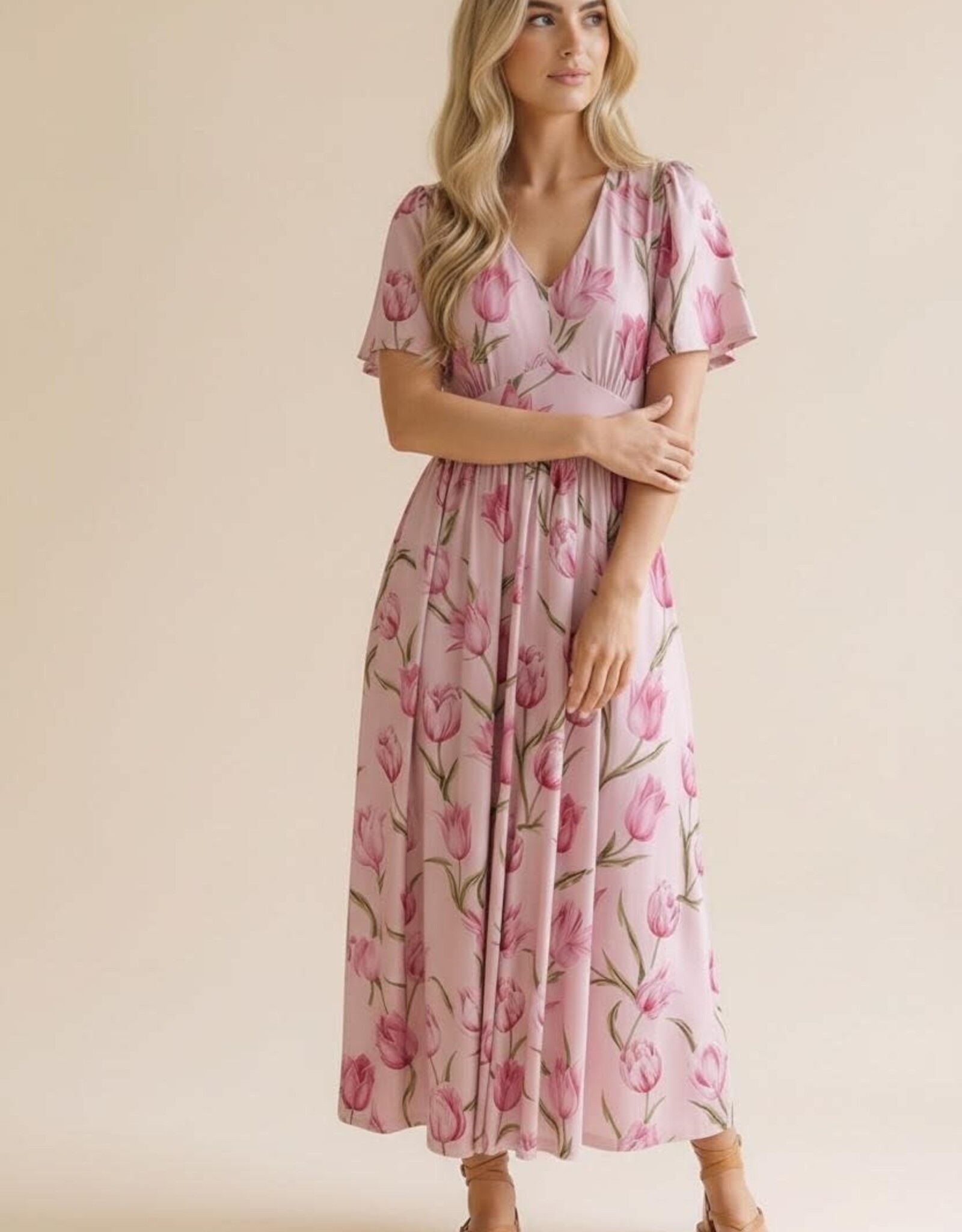 Miss Bliss HAP Flutter SS Fit And Flare Tulip Dress-Pink