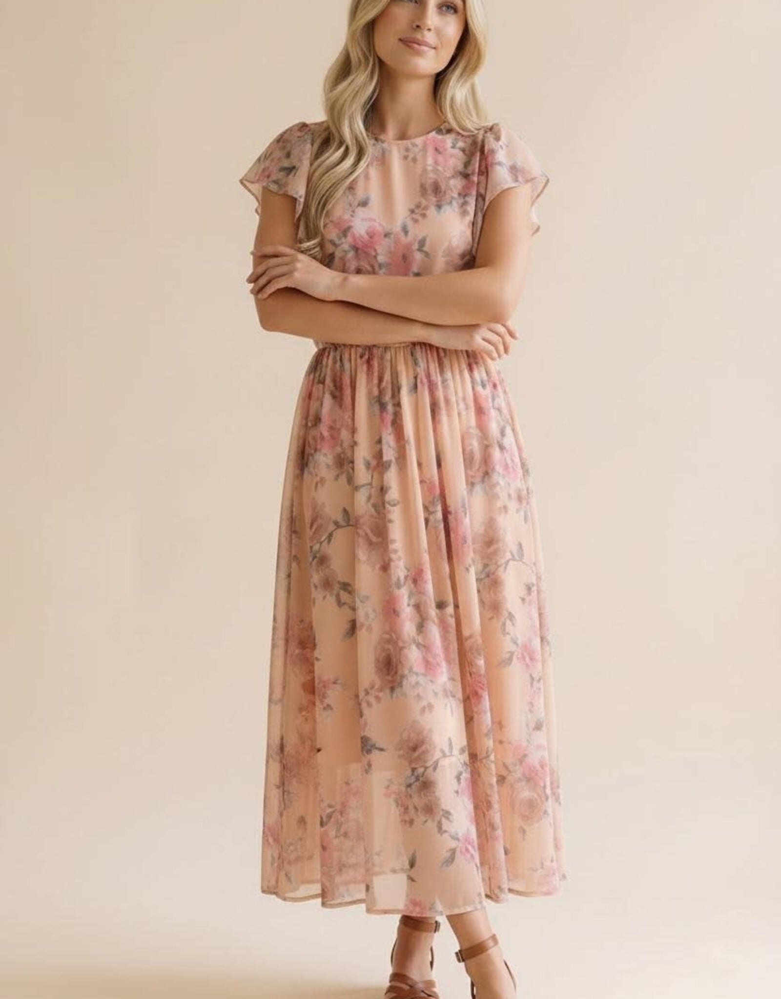 Miss Bliss Hap Fit And Flare Semi Sheer W/ Back Nck Button-Peach