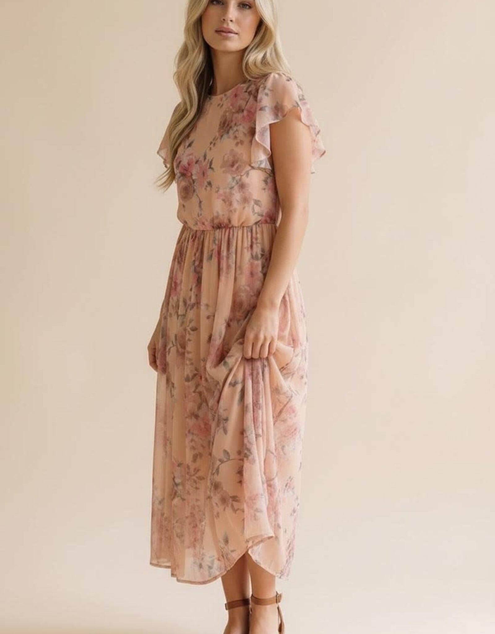 Miss Bliss Hap Fit And Flare Semi Sheer W/ Back Nck Button-Peach
