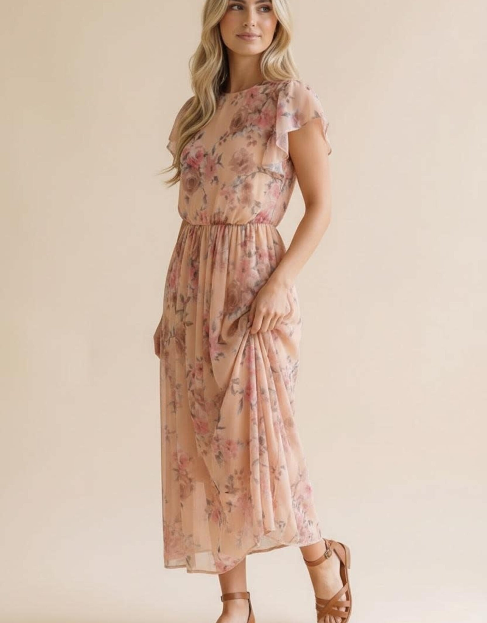 Miss Bliss Hap Fit And Flare Semi Sheer W/ Back Nck Button-Peach