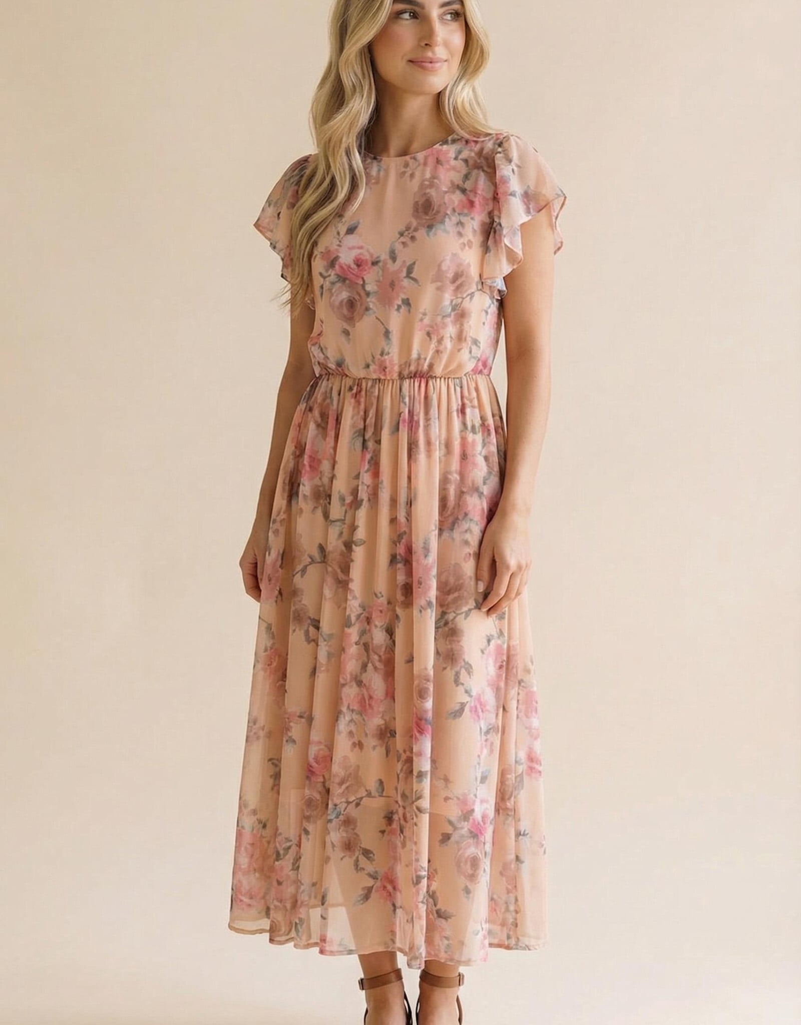 Miss Bliss Hap Fit And Flare Semi Sheer W/ Back Nck Button-Peach