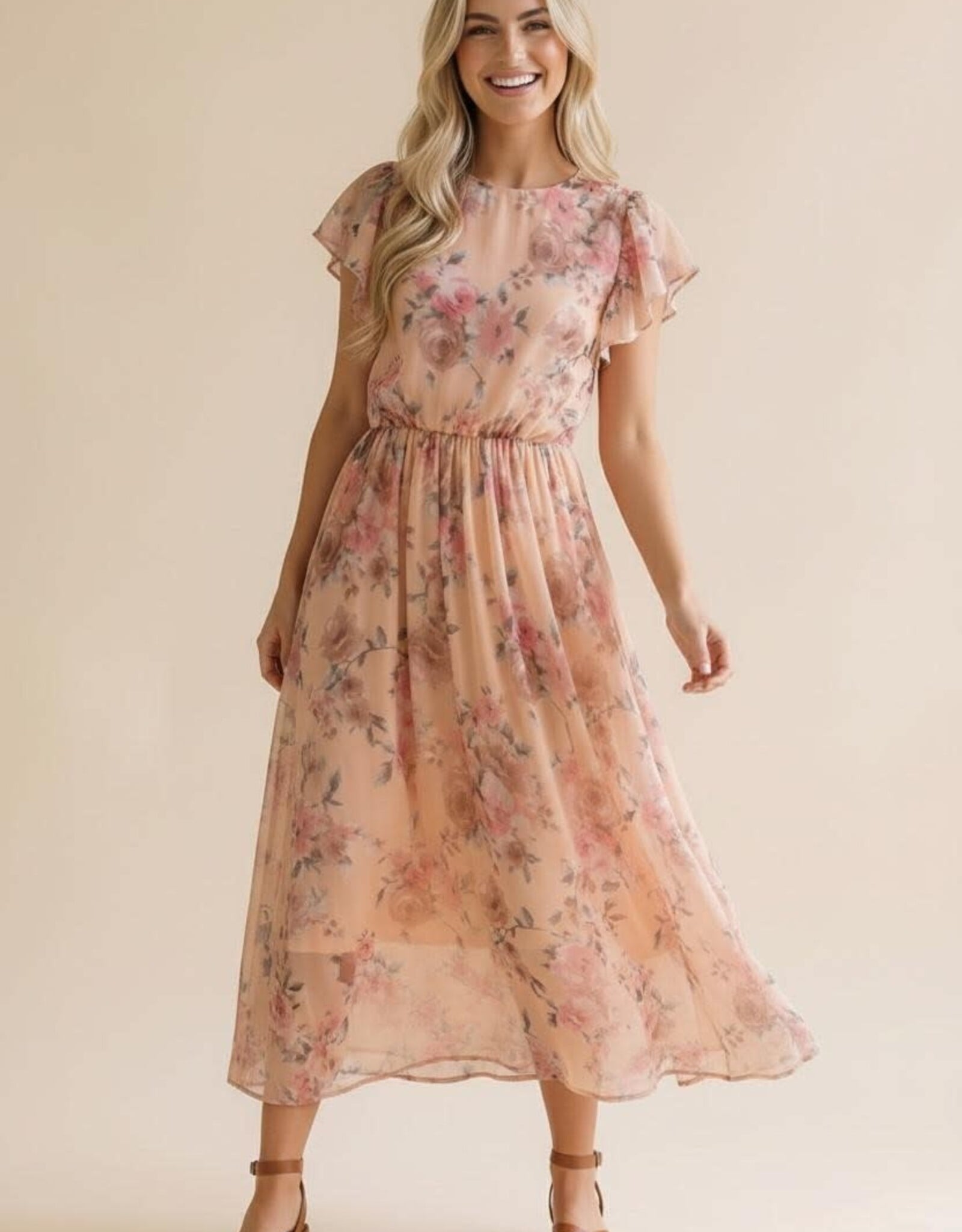 Miss Bliss Hap Fit And Flare Semi Sheer W/ Back Nck Button-Peach
