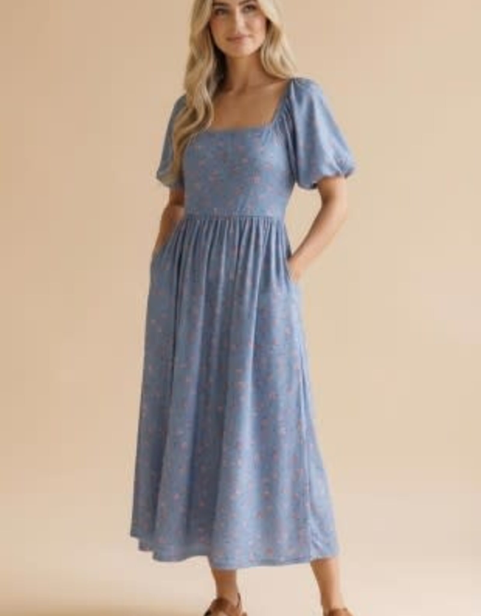 Miss Bliss Hap Bubble Ss Babydoll Floral Knit Dress-Blue