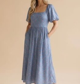 Miss Bliss Bubble Babydoll Floral Knit Dress-Blue