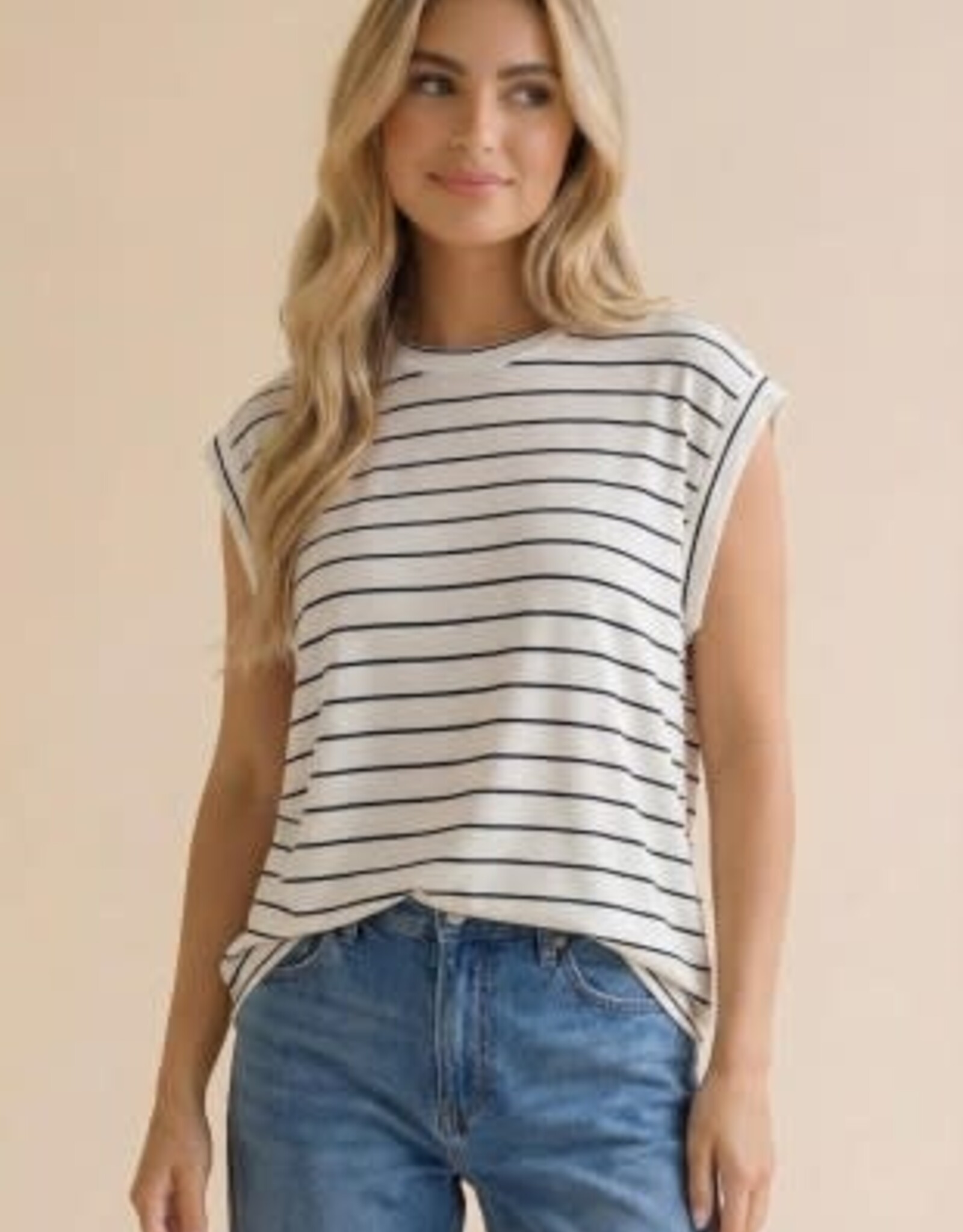 Miss Bliss Hap Round Neck Short Sleeve Stripe Knit Top