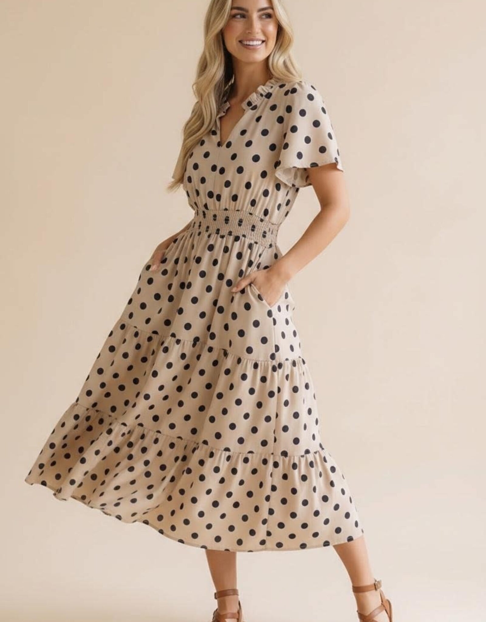 Miss Bliss Polkadot Smocked Waist Tiered Maxi Dress-White