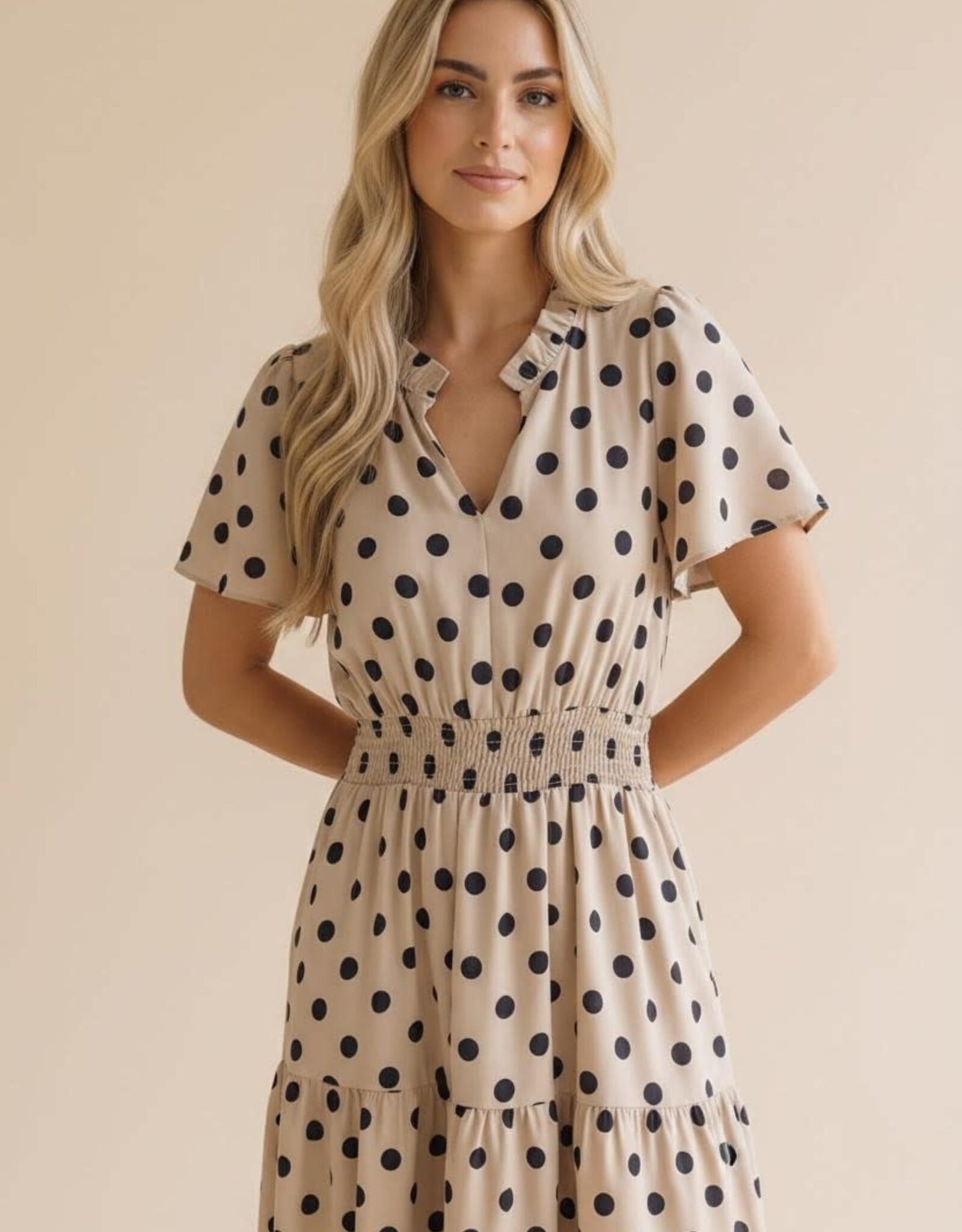 Miss Bliss Polkadot Smocked Waist Tiered Maxi Dress-White