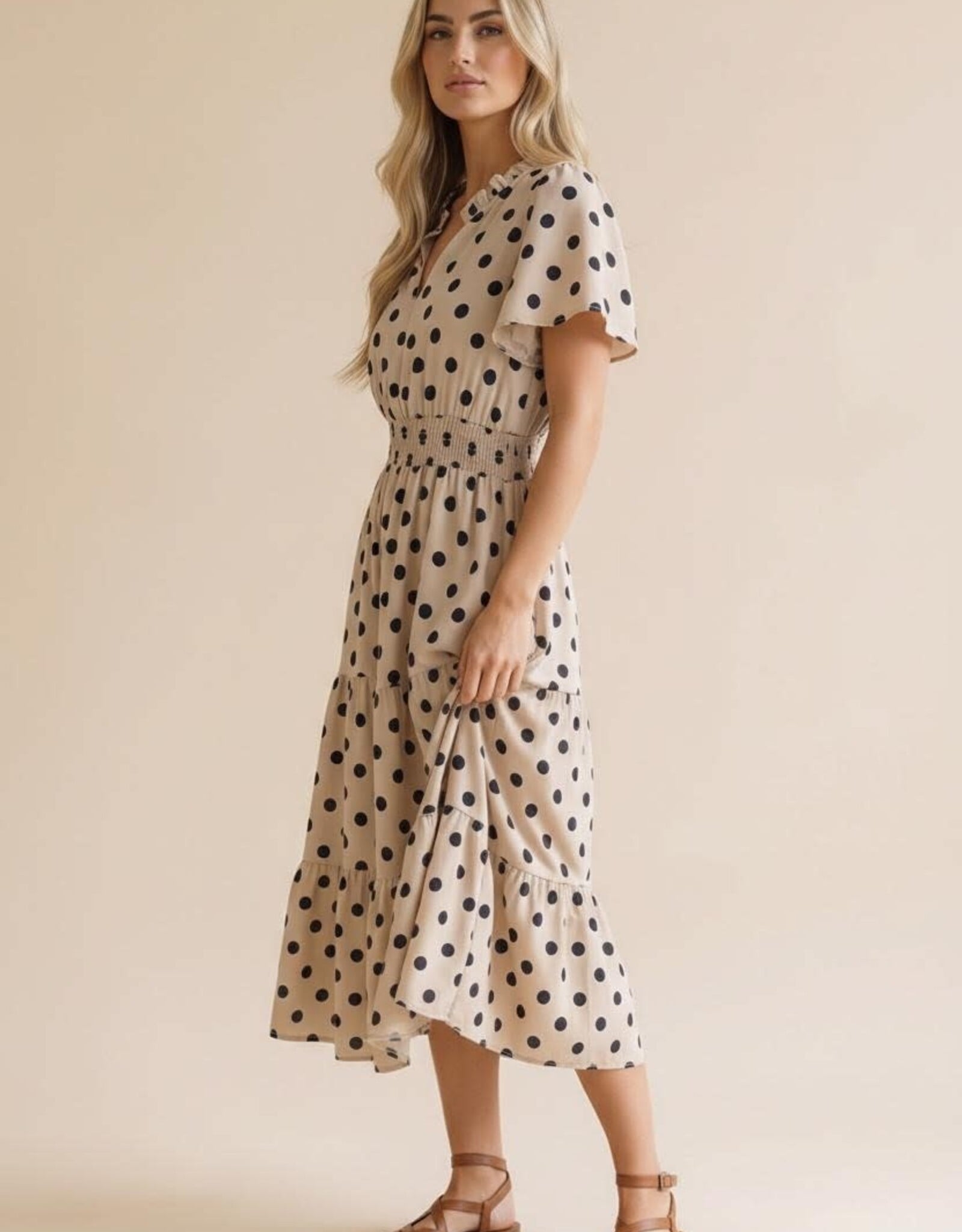Miss Bliss Polkadot Smocked Waist Tiered Maxi Dress-White