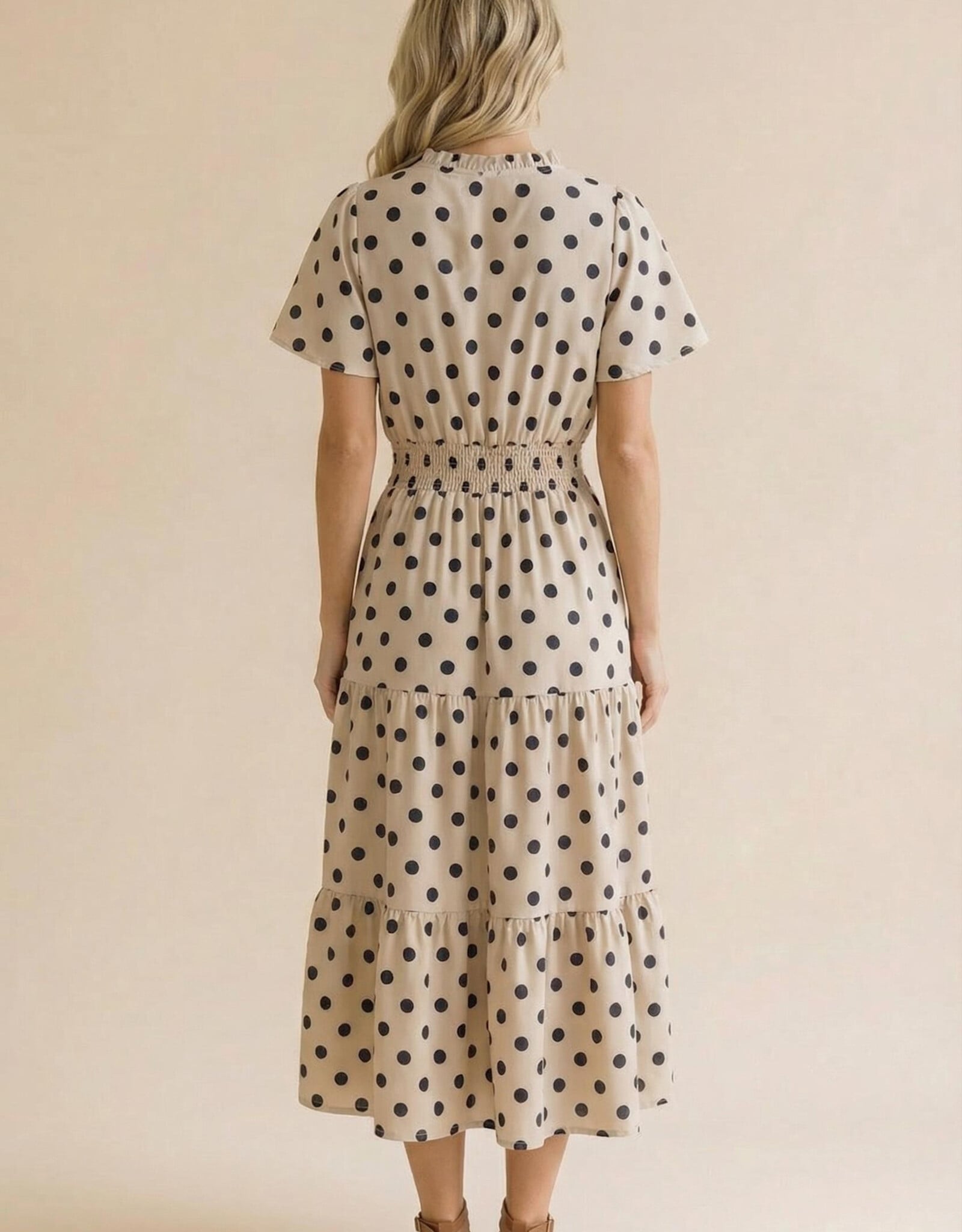 Miss Bliss Polkadot Smocked Waist Tiered Maxi Dress-White