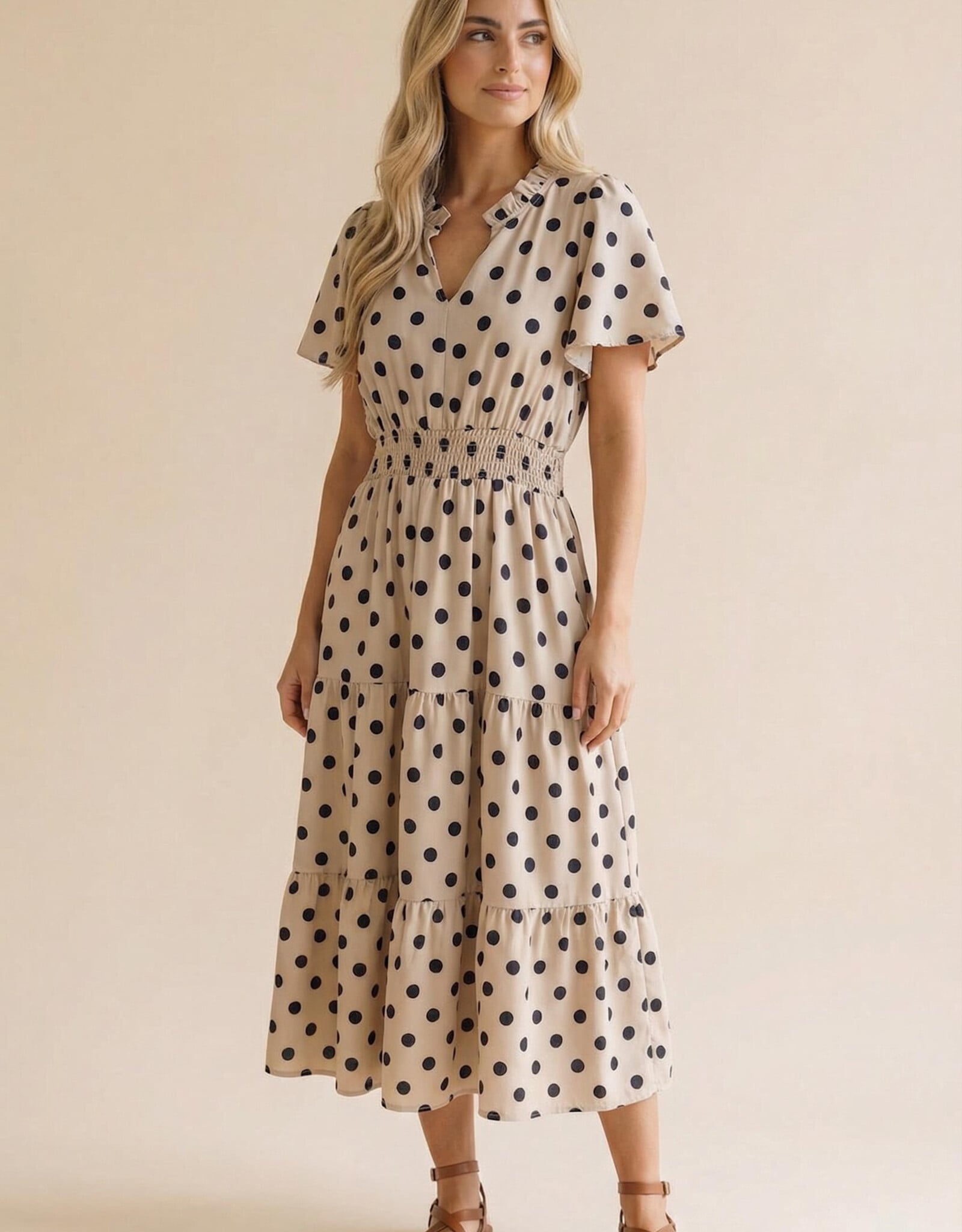 Miss Bliss Polkadot Smocked Waist Tiered Maxi Dress-White