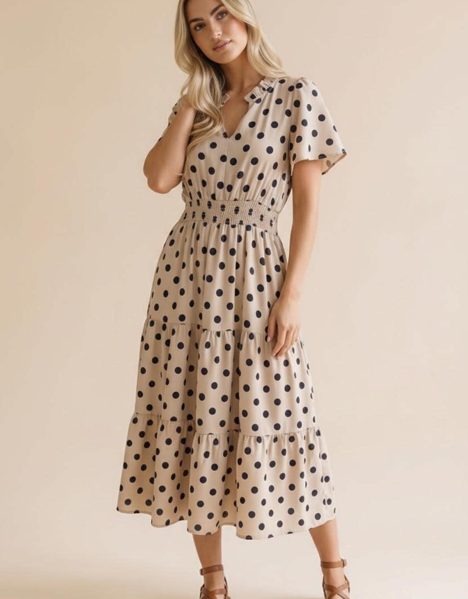 Miss Bliss Polkadot Smocked Waist Tiered Maxi Dress-White