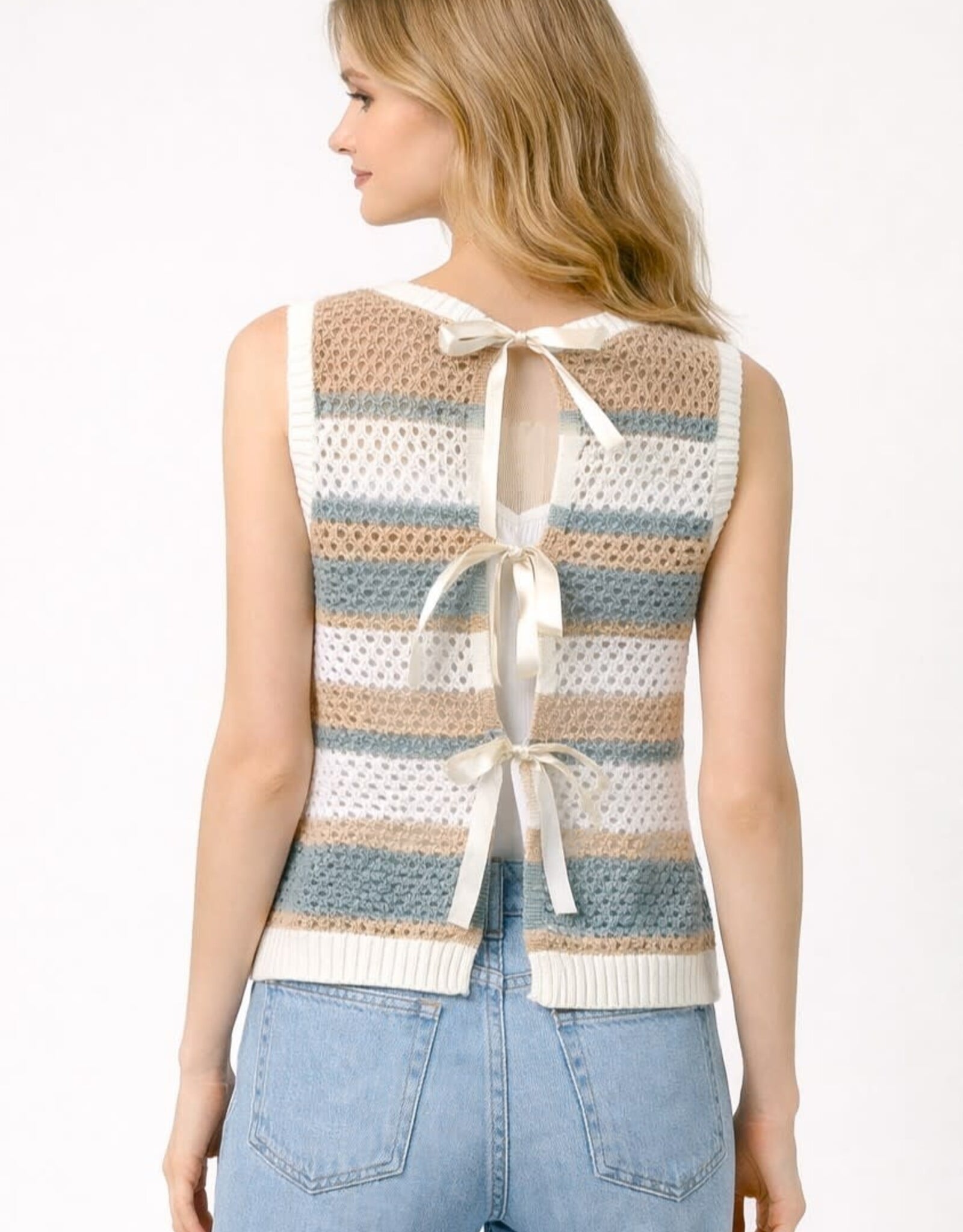 Miss Bliss Dream Open-back Stripe Knit Tank W Bows-Blue/Kh