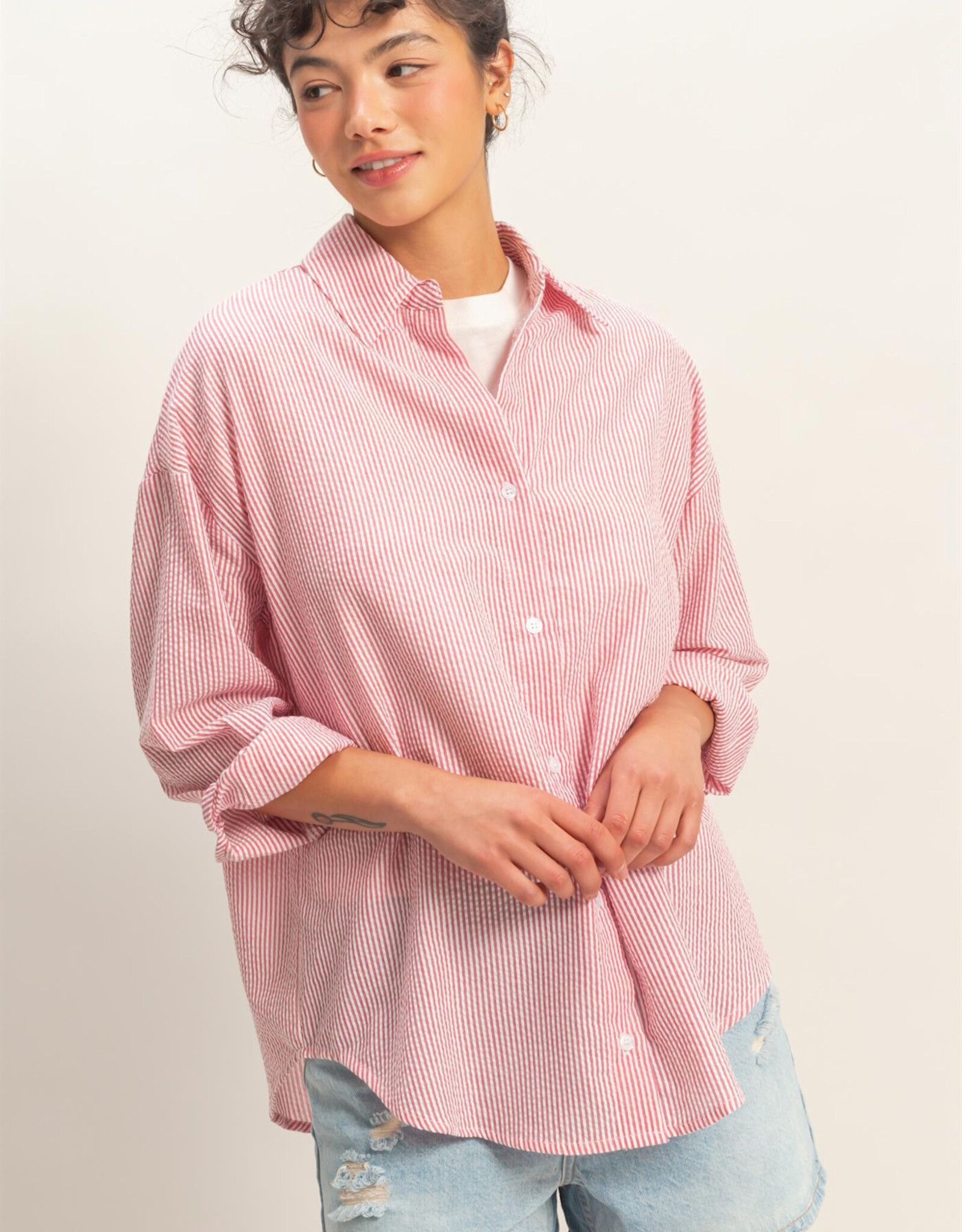 Miss Bliss HYFVE Striped Button Up Shirt-Red
