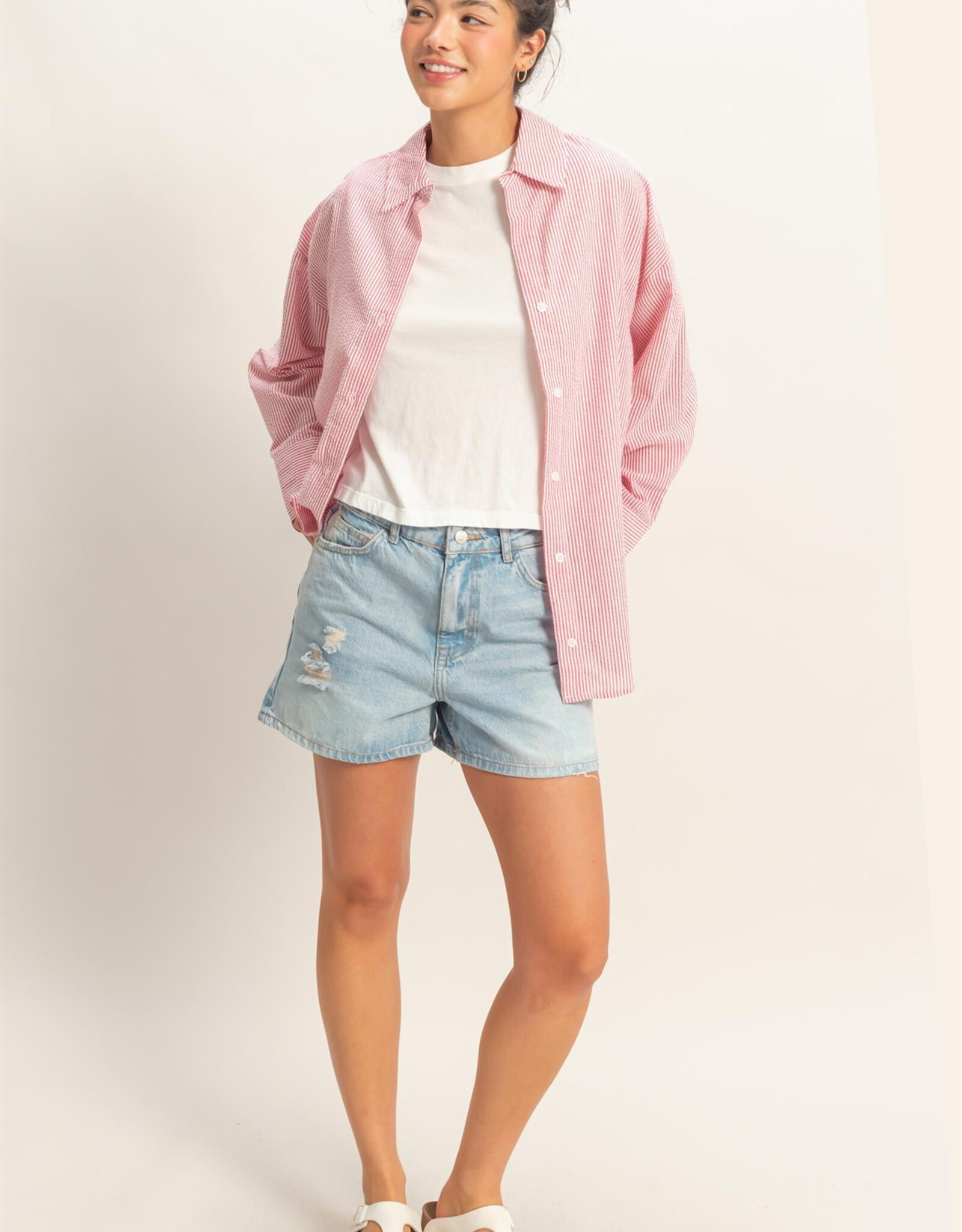 Miss Bliss HYFVE Striped Button Up Shirt-Red