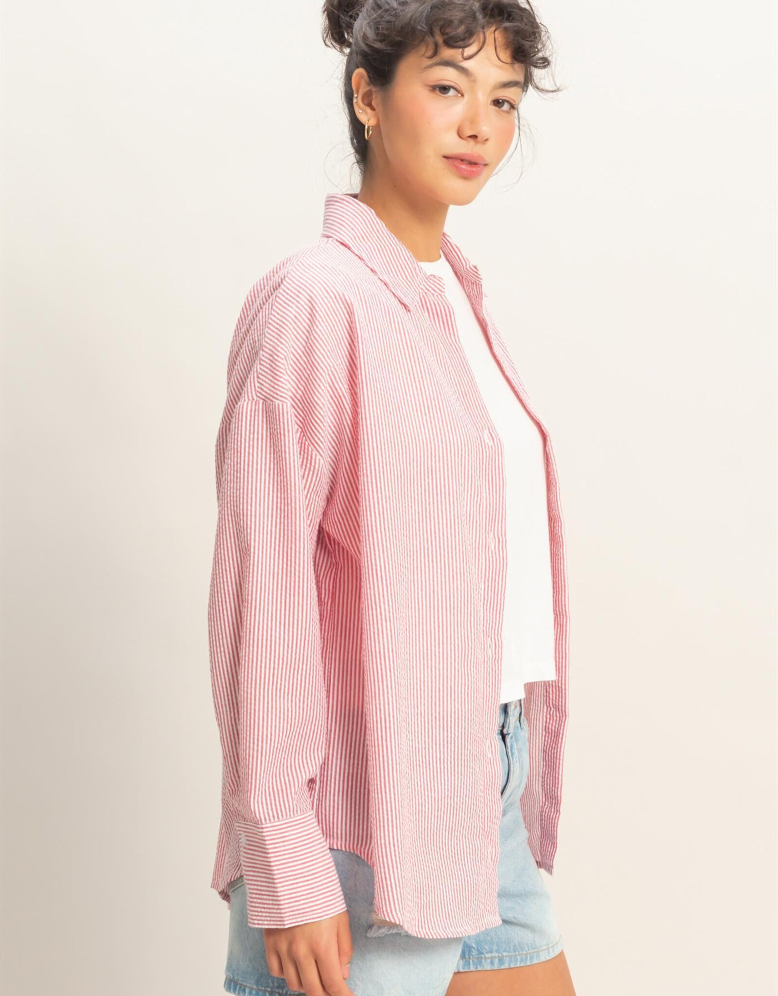 Miss Bliss HYFVE Striped Button Up Shirt-Red