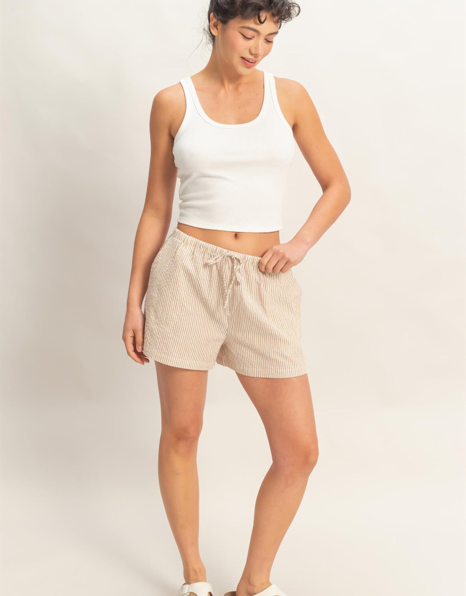 Miss Bliss HYFVE Striped Drawstring Waist Shorts-Taupe