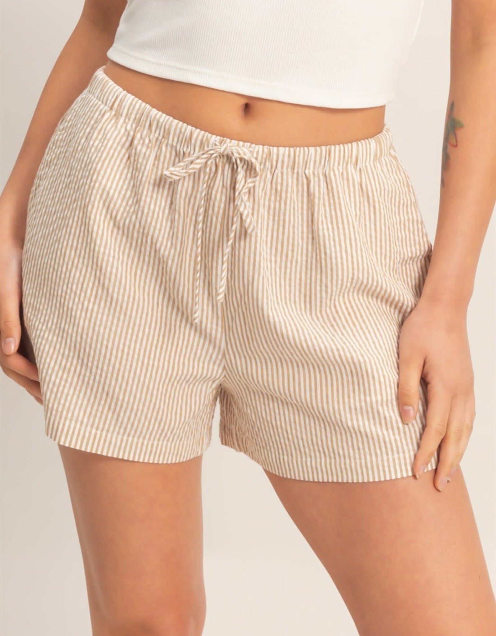 Miss Bliss HYFVE Striped Drawstring Waist Shorts-Taupe