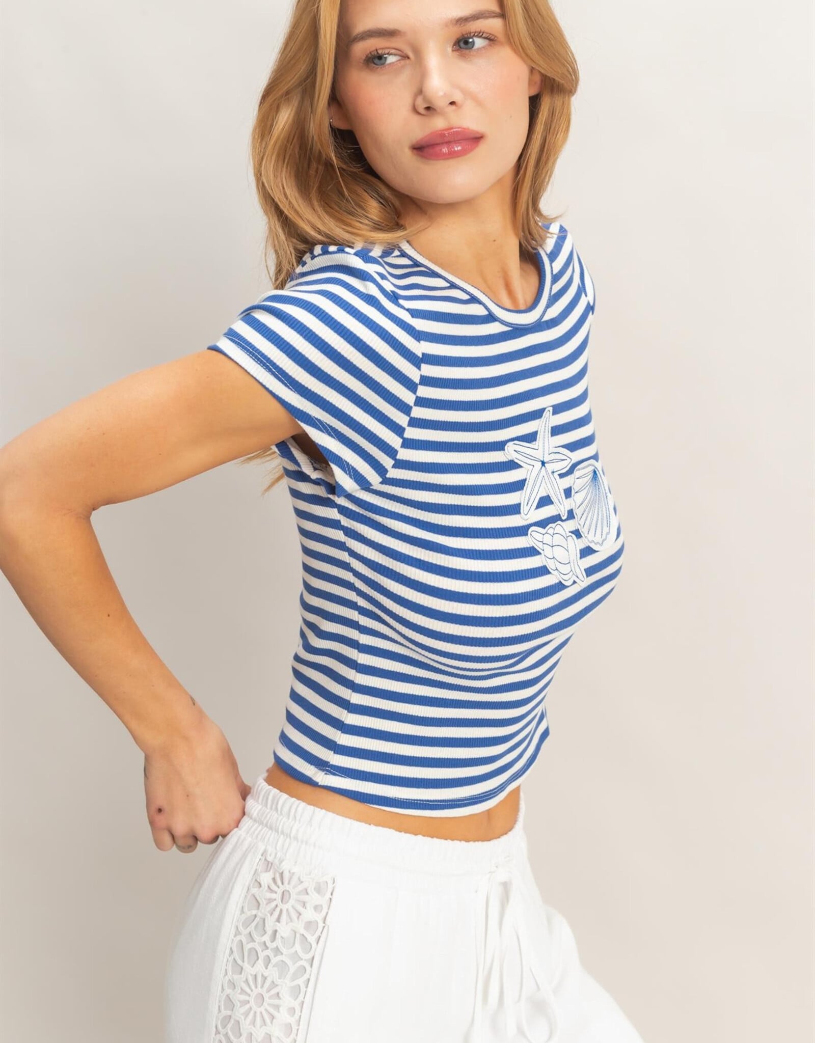 Miss Bliss HYFVE Striped Embroidered Patch Top-Blue