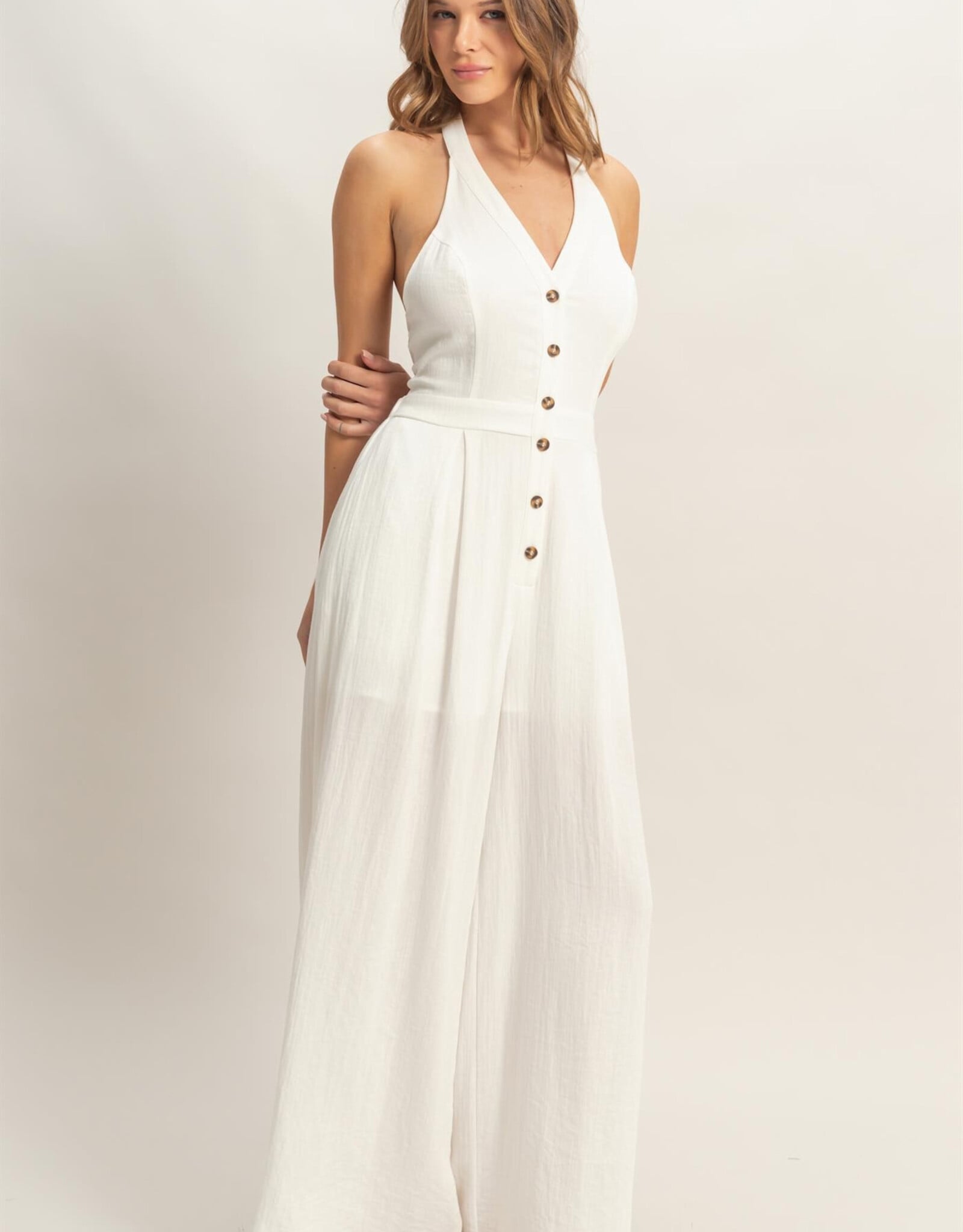 Miss Bliss HYFVE Halter Button-front Jumpsuit-White
