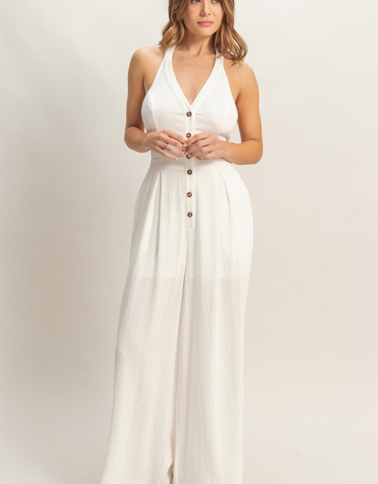 Miss Bliss HYFVE Halter Button-front Jumpsuit-White