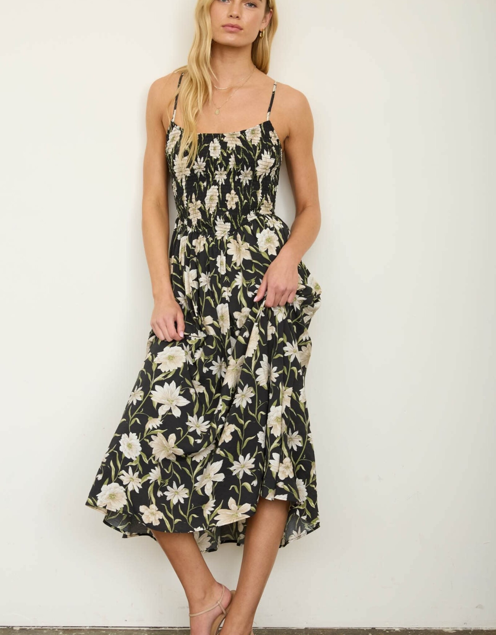 Miss Bliss Blu Floral Spaghetti Strap Midi Sundress-Black