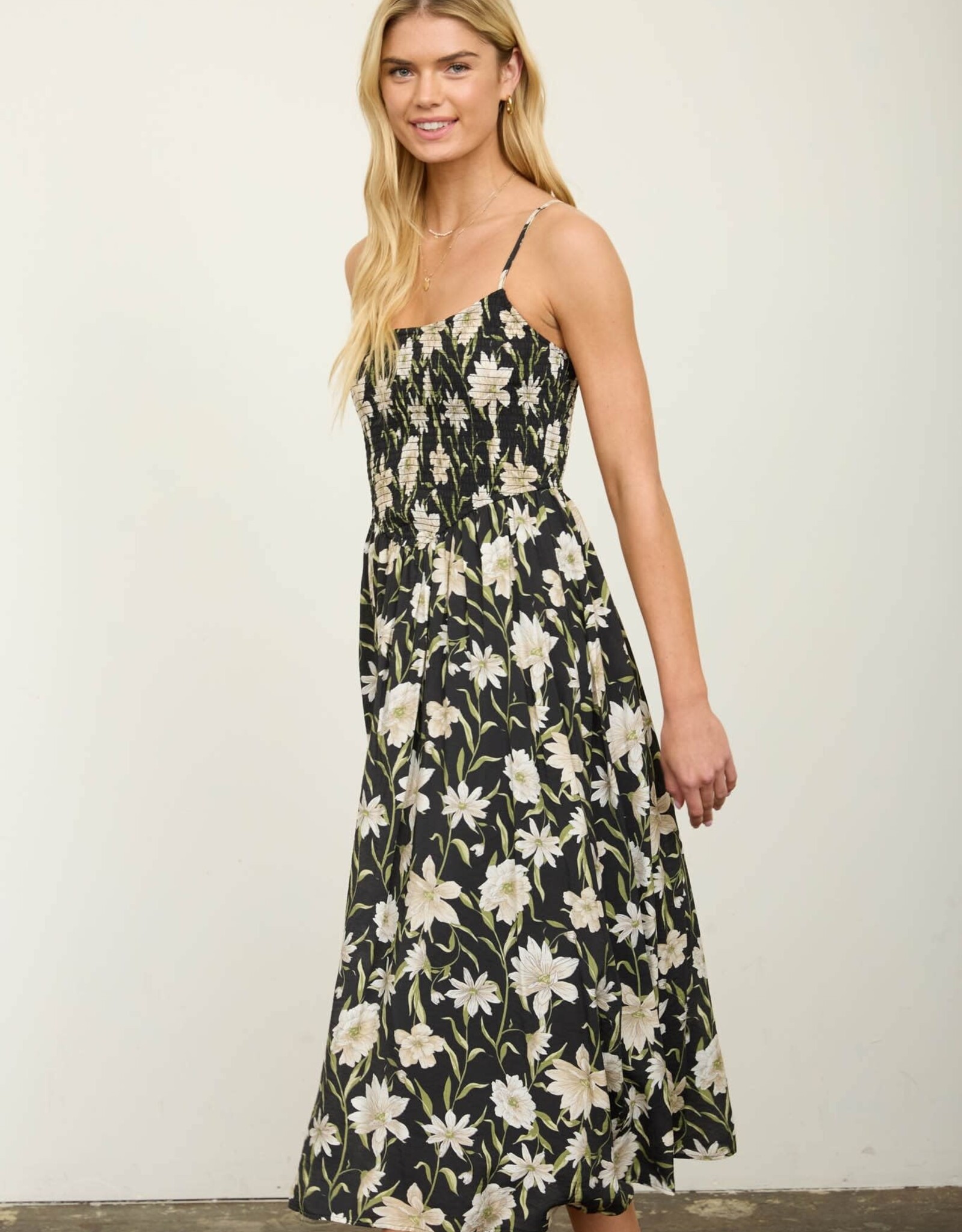 Miss Bliss Blu Floral Spaghetti Strap Midi Sundress-Black