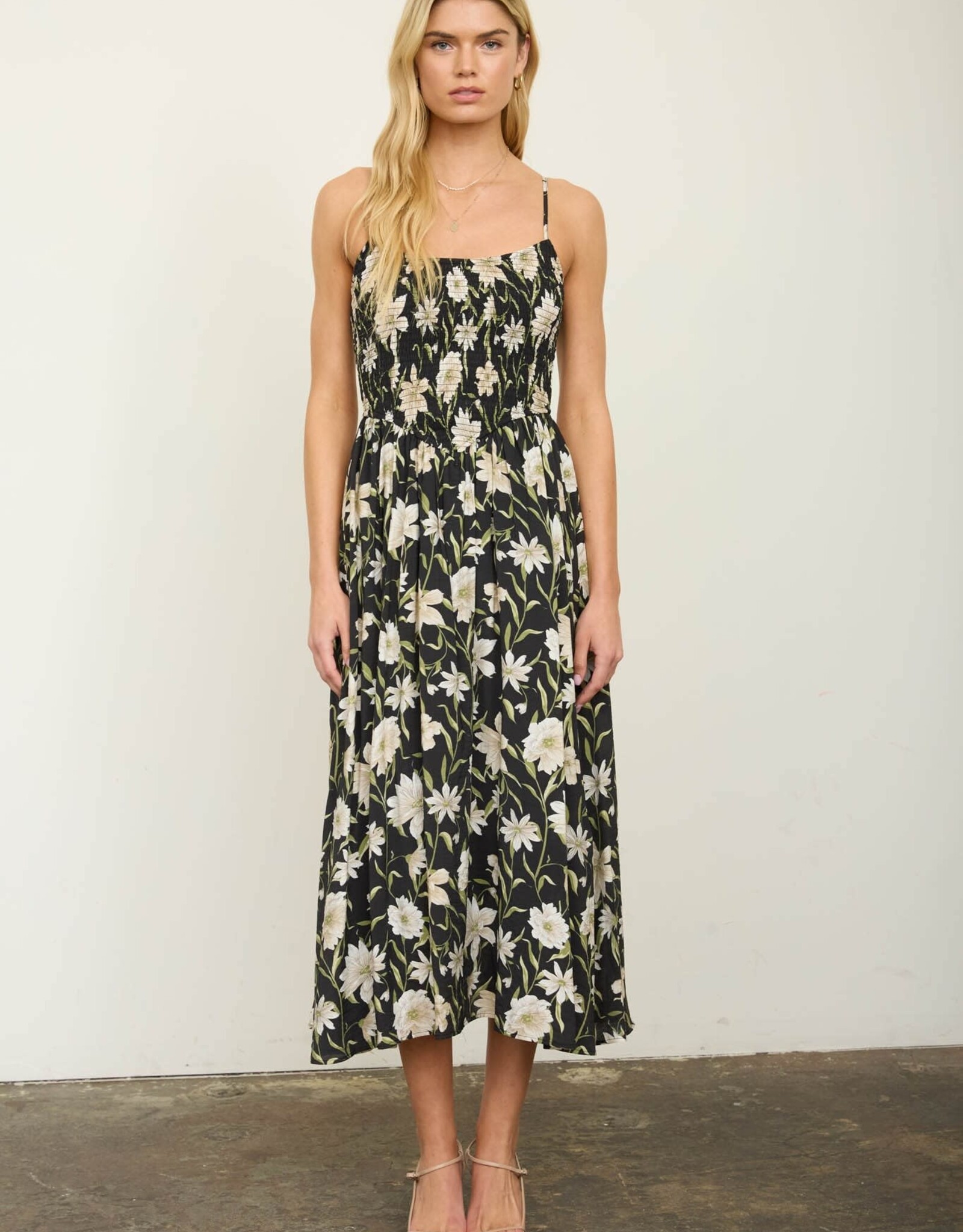Miss Bliss Blu Floral Spaghetti Strap Midi Sundress-Black